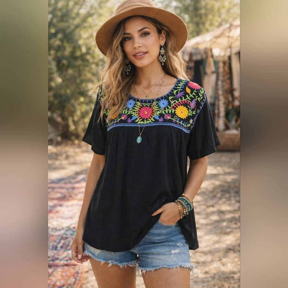 Layerz Embroidered Black Top with Multicolor Floral Design Sz S #1788